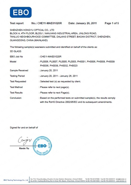 China SHENZHEN HONY OPTICAL CO.,LTD certificaciones