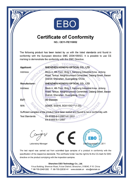 China SHENZHEN HONY OPTICAL CO.,LTD certificaciones